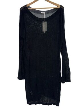 Black Lightweight Knit Long Sleeve Tunic cover up beach pool NEW